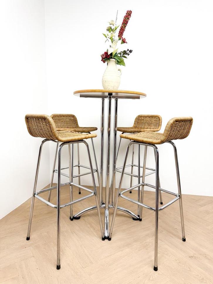 Vintage rotan rieten buisframe bartafel Rohé Noordwolde, Huis en Inrichting, Barkrukken, Zo goed als nieuw, 90 cm of meer, Riet