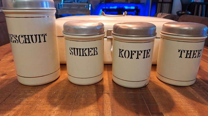 Emaillen keukenblikken en broodtrommel, Antiek en Kunst, Antiek | Emaille, Ophalen of Verzenden
