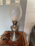 Antieke Tinnen Tafellamp met Glazen Kap, Antiek en Kunst, Antiek | Lampen, Ophalen of Verzenden