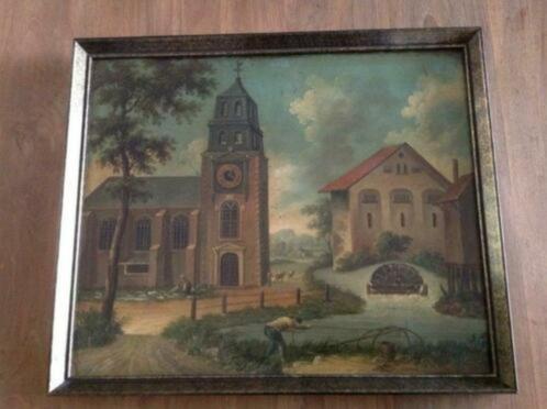 Leuk ouder/klassiek schilderij met gemaal, kerk en visser, Antiek en Kunst, Kunst | Schilderijen | Klassiek, Ophalen