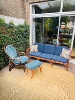Vintage Manou webbing set tuinbank en fauteuil, Ophalen, Gebruikt, Hout, Bank