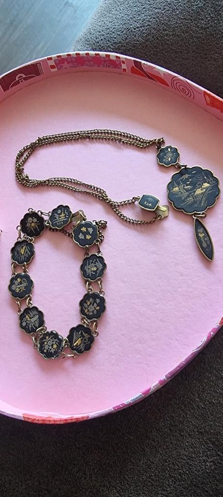 vintage Aziatisch oorbel armband hanger met ketting, Ophalen of Verzenden, Zilver, Overige materialen