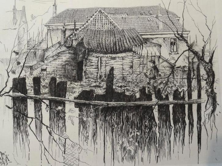 Ets boerderij in Limburg met boer, Hans van Dokkum, 1945, Antiek en Kunst, Kunst | Etsen en Gravures, Verzenden