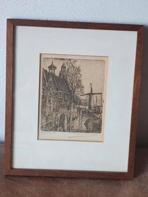 ets Delfshaven Rotterdam Marius Janssen (1885-1957) r 1920, Antiek en Kunst, Kunst | Etsen en Gravures, Ophalen