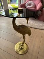 Gouden Kraanvogel Bijzettafel met glasplaat, Huis en Inrichting, Tafels | Bijzettafels, Minder dan 55 cm, Rond, Ophalen, 45 tot 60 cm