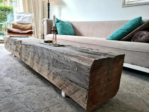 Unieke salontafels - tv-meubels van robuuste houten balken!, Huis en Inrichting, Tafels | Salontafels, Gebruikt, Minder dan 50 cm