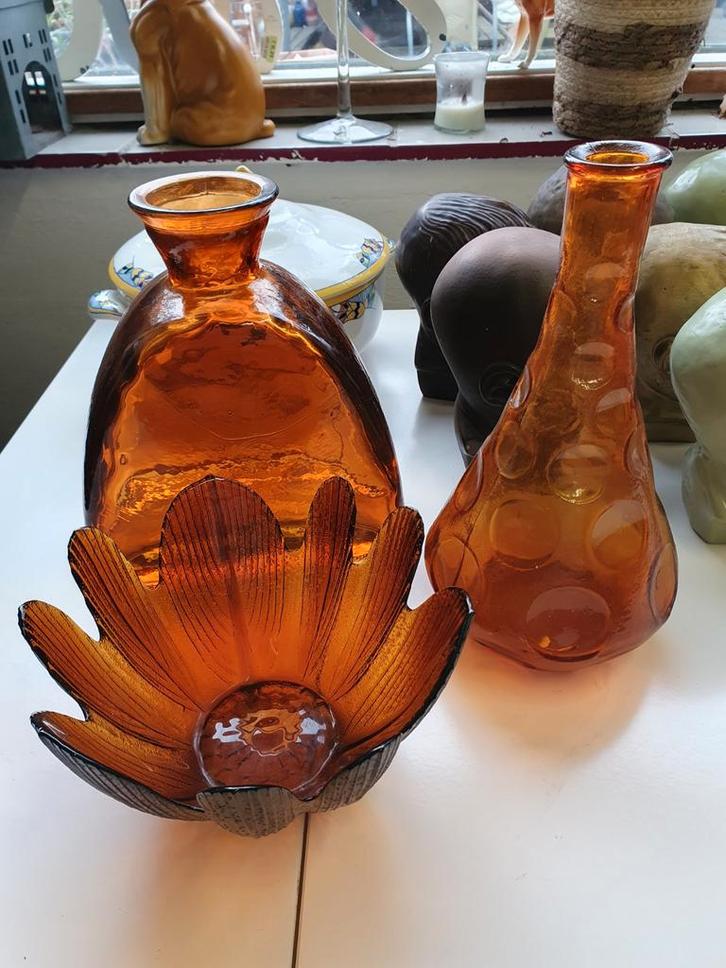 Oranje-bruin glazen vazen set, Huis en Inrichting, Woonaccessoires | Vazen, Zo goed als nieuw, Oranje, Minder dan 50 cm, Glas