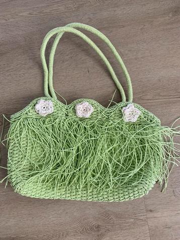 Vintage zgan rieten Handtas met Bloemmotief orig ja 70