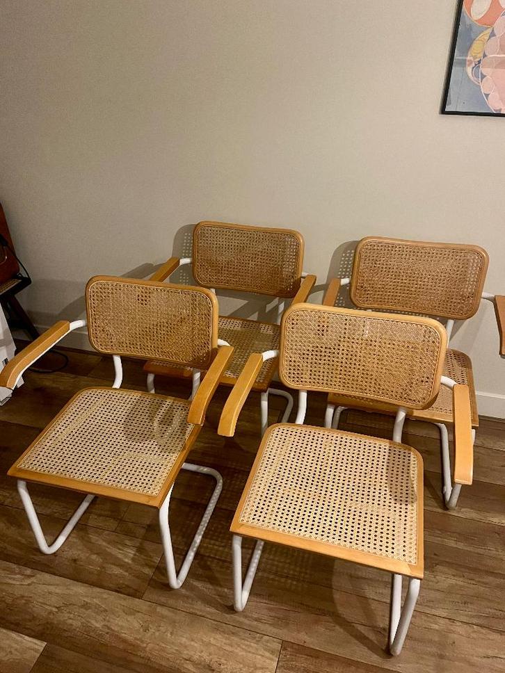 Witte Cesca stoelen Marcel Breuer B32 met armleuning, Huis en Inrichting, Stoelen, Gebruikt, Vier, Hout, Wit, Ophalen of Verzenden