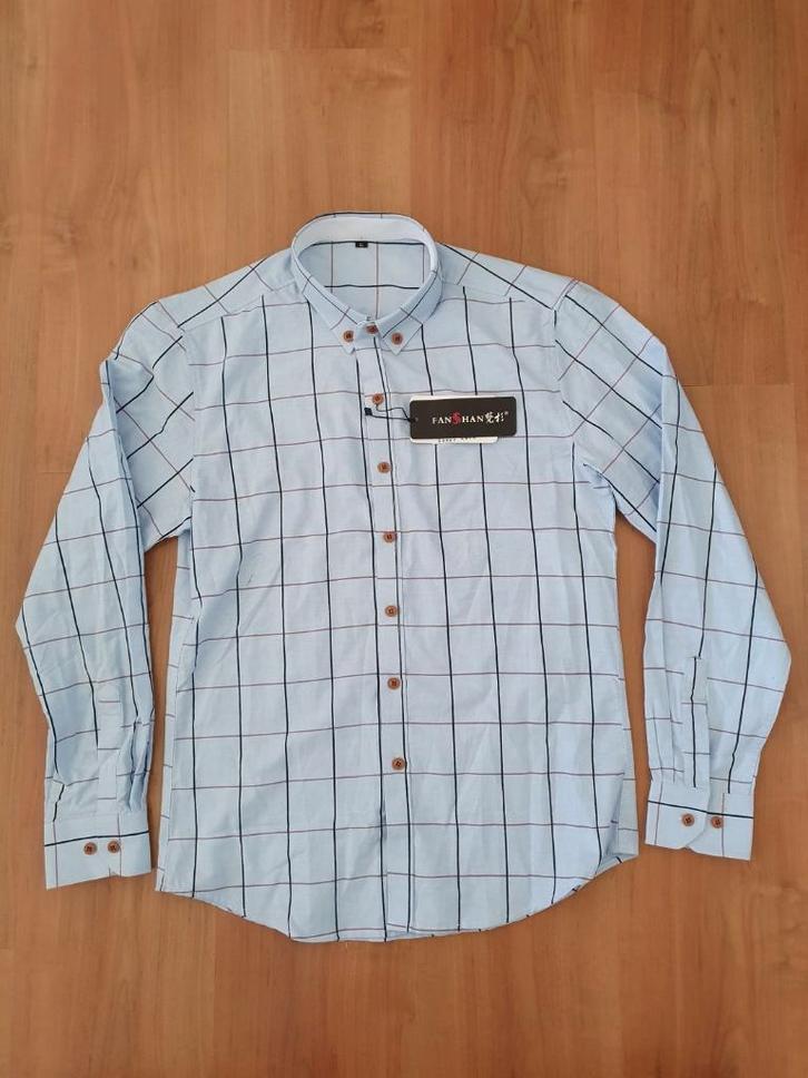 Nieuwe blauwe overhemd met paarszwarte strepen – maat L, Kleding | Heren, Overhemden, Nieuw, Halswijdte 41/42 (L), Blauw, Ophalen of Verzenden