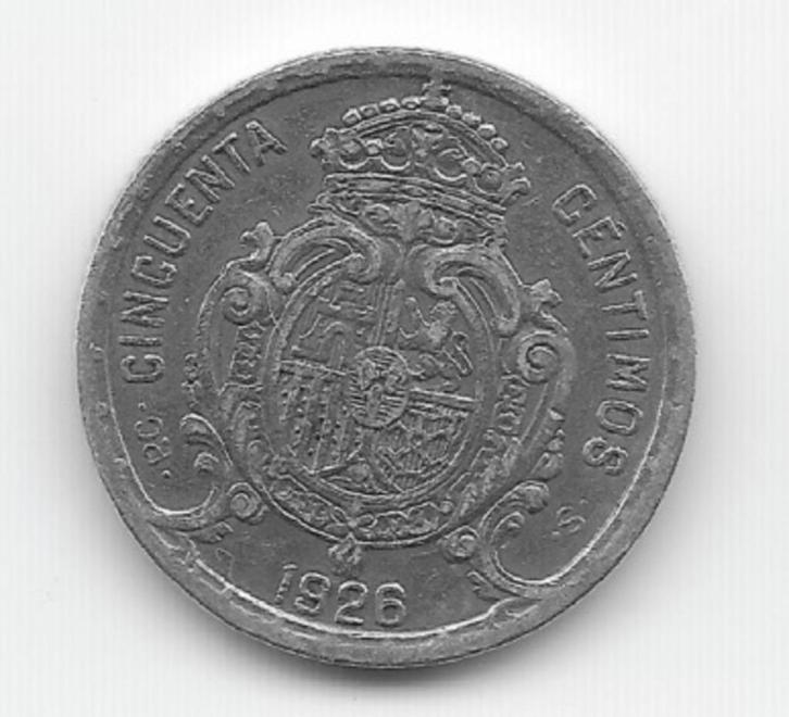 Spanje 50 centimos 1926 KM# 741, Postzegels en Munten, Munten | Europa | Niet-Euromunten, Losse munt, Overige landen, Zilver, Verzenden
