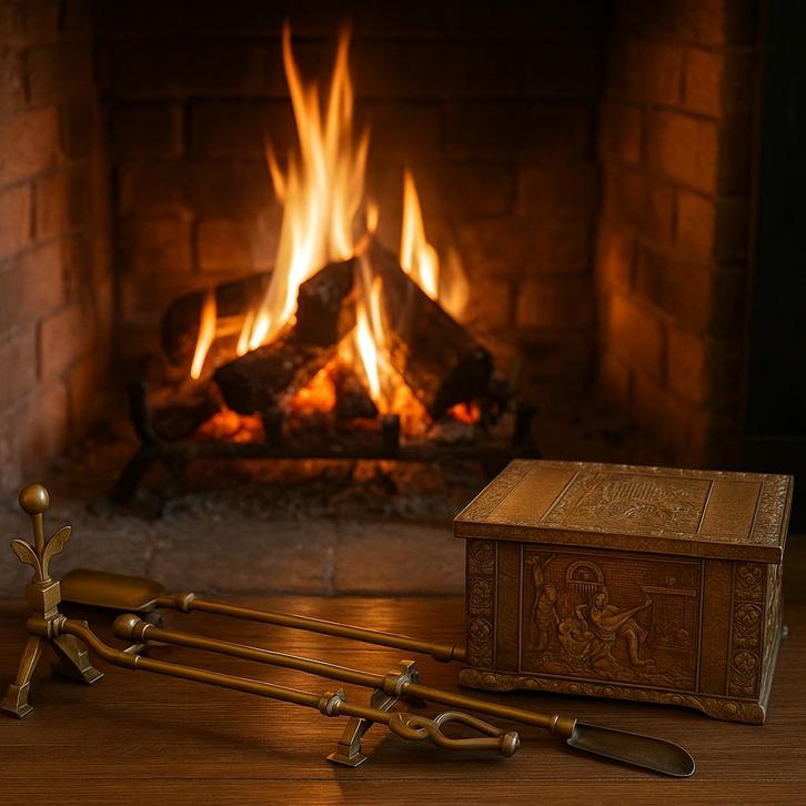 Antieke messing kolenkist met haardstel – ca. 1900, Huis en Inrichting, Haarden, Zo goed als nieuw, Overige soorten, Ophalen