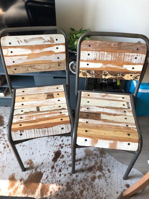 2 stuks PTMD Gunter wood cream Pub chair Iron frame, Huis en Inrichting, Stoelen, Gebruikt, Eén, Metaal, Bruin, Ophalen