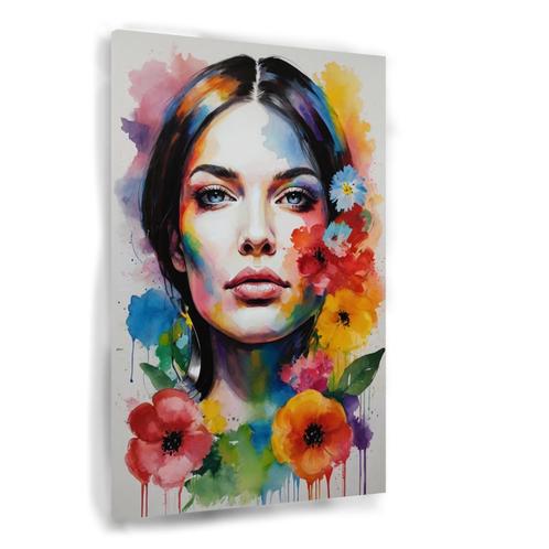 Vrouw met bloemen in waterverf canvas 60x90cm - 18mm., Huis en Inrichting, Woonaccessoires | Schilderijen, Tekeningen en Foto's