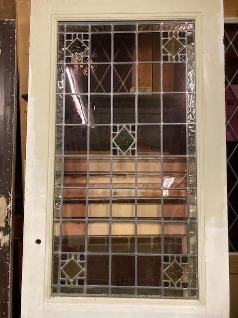 Antieke grenen tochtdeur+3-ramen, glas+lood panelen, €795,00, Ophalen, Gebruikt, Wit, Vintage