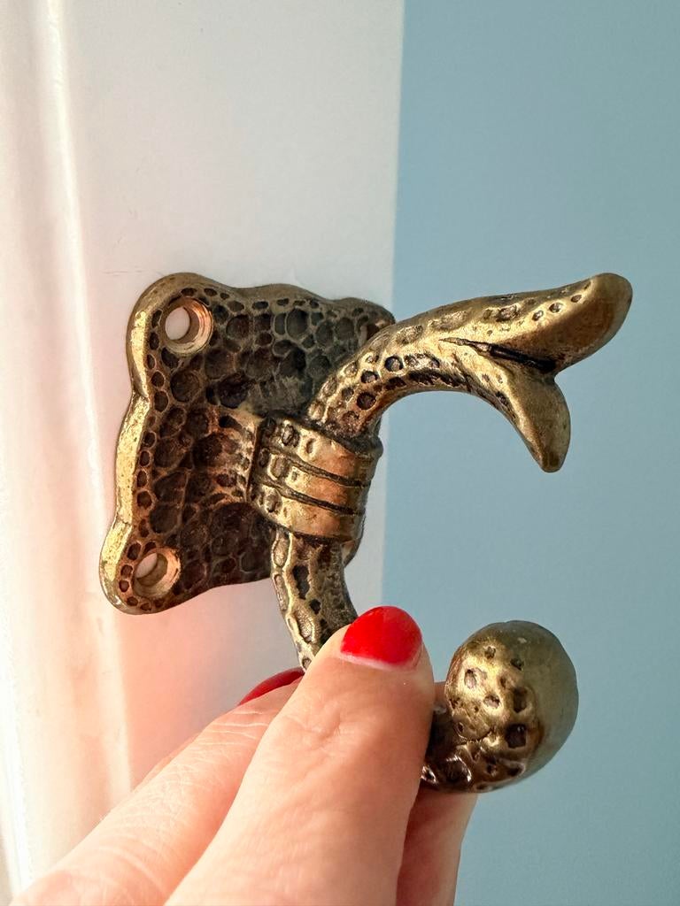 Vintage messing wandhaken 3x in slang design - set van 3, Ophalen of Verzenden