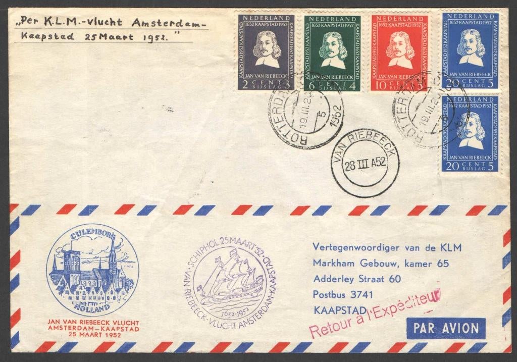 Nederland Brief met Jan van Riebeeck sets Ned. en Z.Afrika, Postzegels en Munten, Ophalen of Verzenden, Envelop