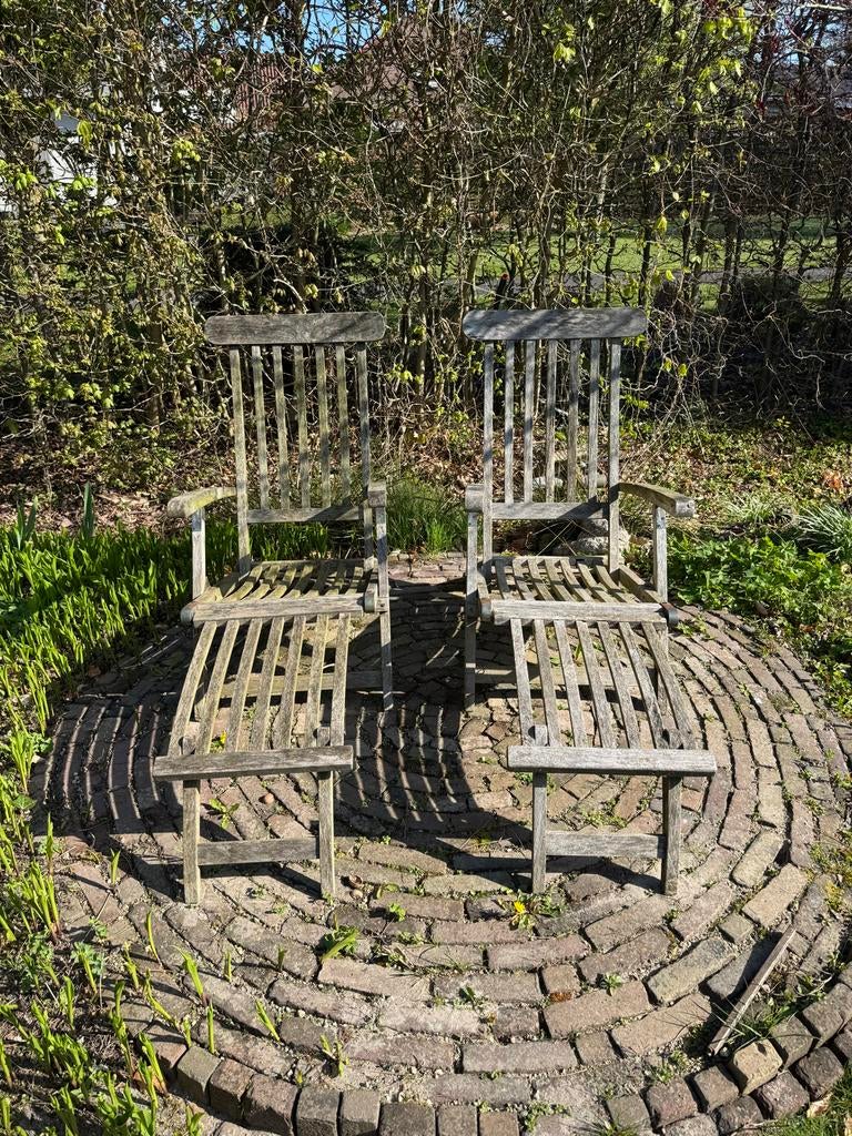Twee Teakhouten Tuinstoelen / ligstoelen, Tuin en Terras, Ophalen, Gebruikt, Teakhout, Verstelbaar