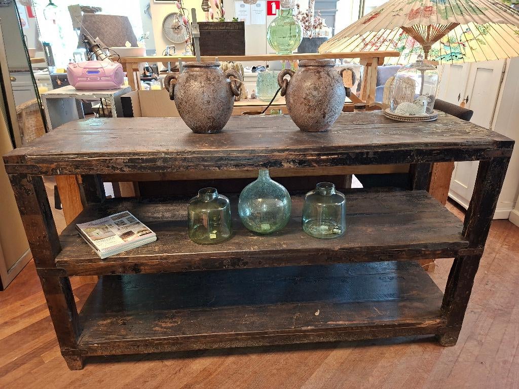 *OPRUIMING*Oude robuuste fabriekstafel / werktafel India, Ophalen of Verzenden, Gebruikt, 170 cm of meer