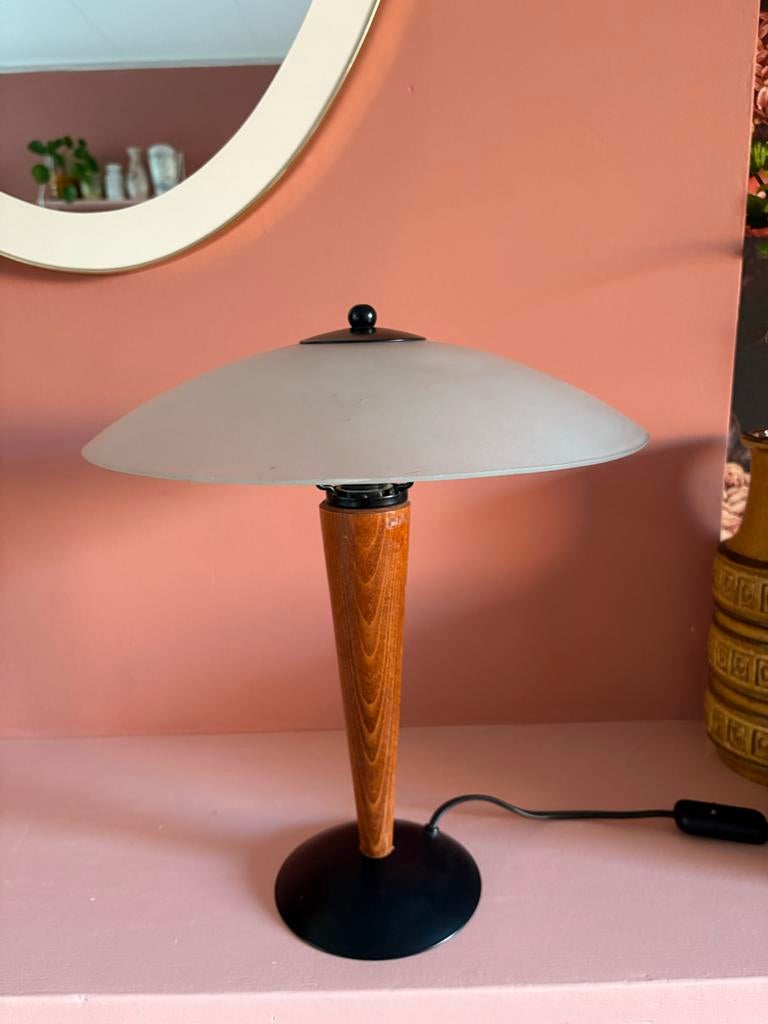 Vintage mushroom lamp met houten voet, Antiek en Kunst, Ophalen