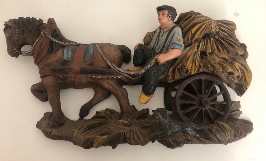 Aardewerk beeld van boer met paard en wagen, Ophalen of Verzenden, 20 - 50 cm, Steen of Keramiek, Scène