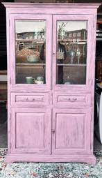Oud roze eiken vitrinekast / buffetkast, Ophalen, Glas, Gebruikt, Met deur(en)