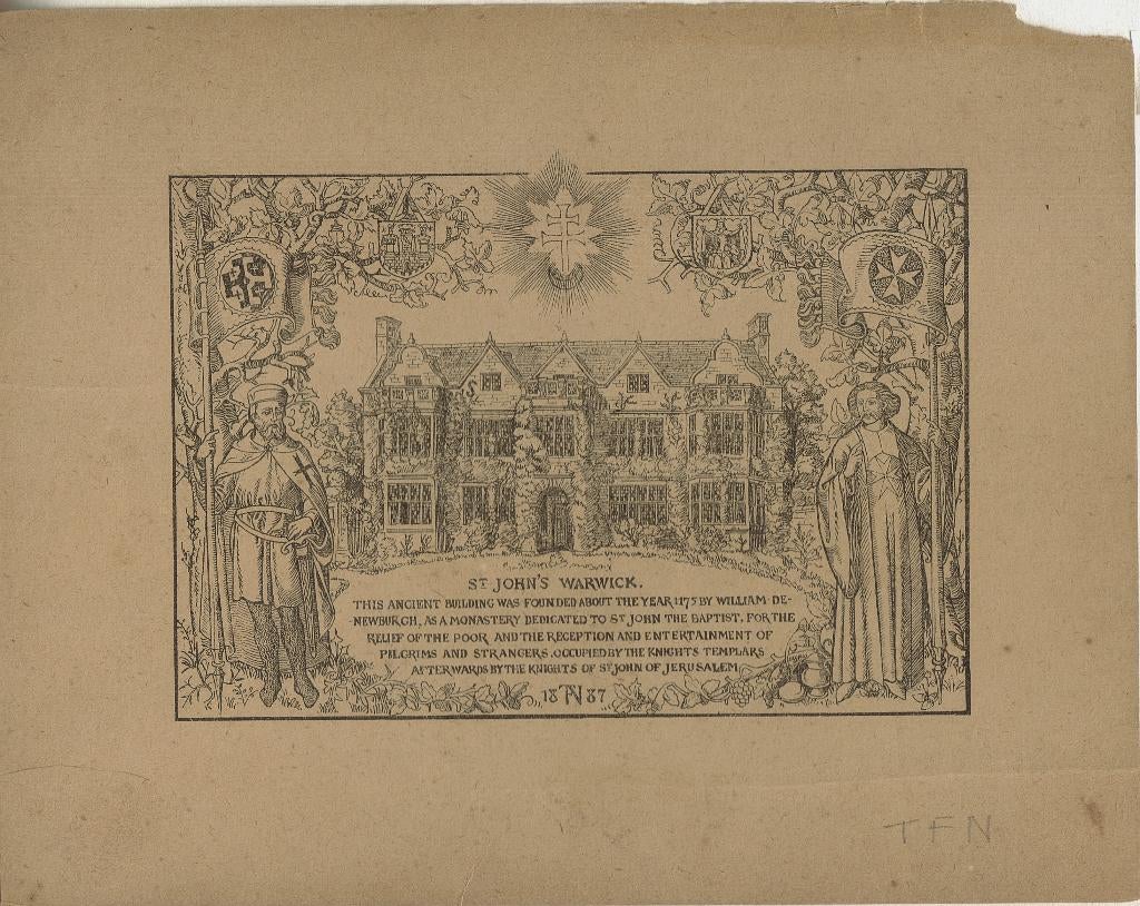 T.F.N. litho "St John's Warwick"1887, verso potloodtekening, Antiek en Kunst, Ophalen