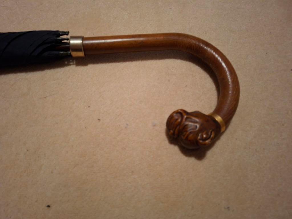 Antieke paraplu met houten hondenkop handvat., Ophalen of Verzenden