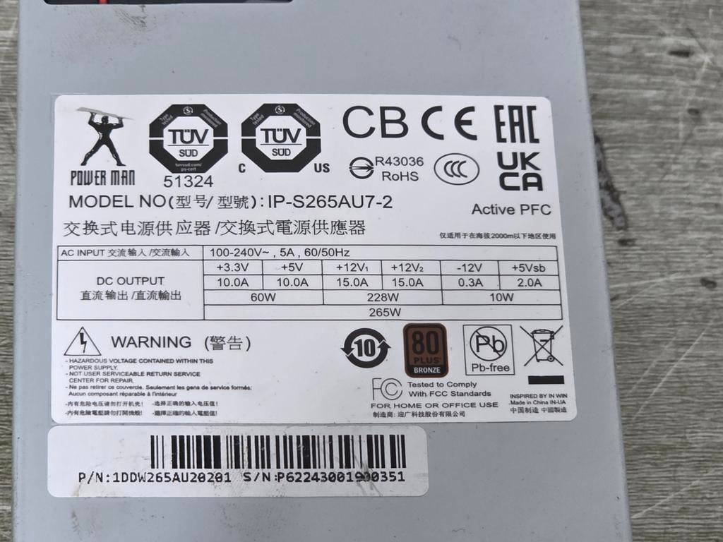 Power man 265w max voeding psu power supply ip-s265au7-2, Ophalen of Verzenden, Gebruikt