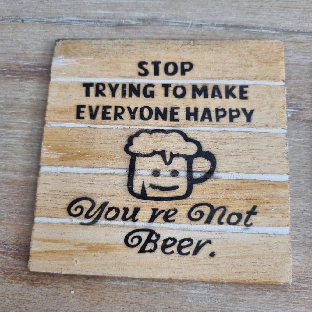 Set van 4 houten onderzetters met leuke teksten 10x10cm, Ophalen of Verzenden, Nieuw, Glas of Kopje