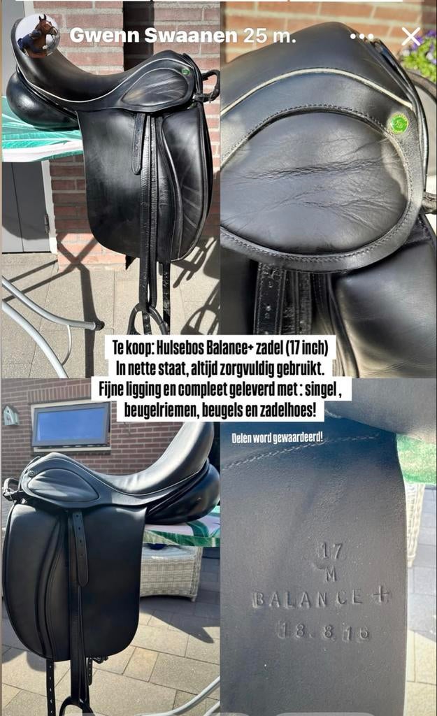 Hulsebos dressuurzadel 17 inch balance +, Dieren en Toebehoren, Ophalen of Verzenden, Zo goed als nieuw, Dressuur