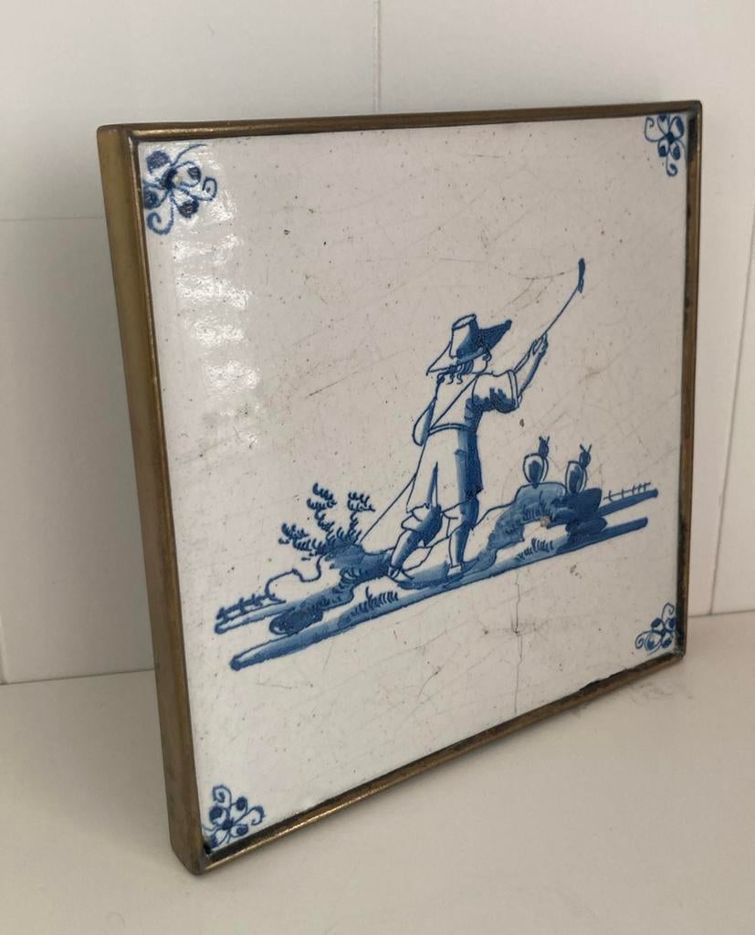 Antieke Delfts blauwe tegel herder met schapen messing lijst, Ophalen of Verzenden