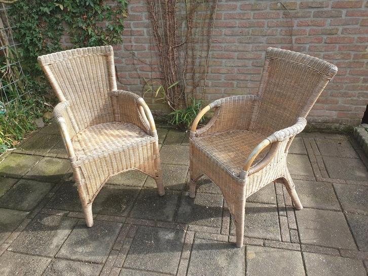 Set van 2 rieten/rotan stoelen, Huis en Inrichting, Stoelen, Gebruikt, Twee, Riet of Rotan, Bruin, Ophalen