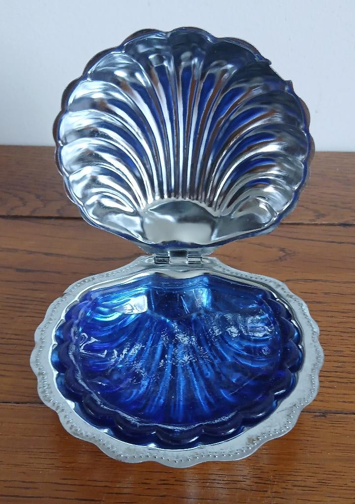 Vintage blauw glazen schaaltje, vorm sint-jacobs schelp, Antiek en Kunst, Ophalen of Verzenden