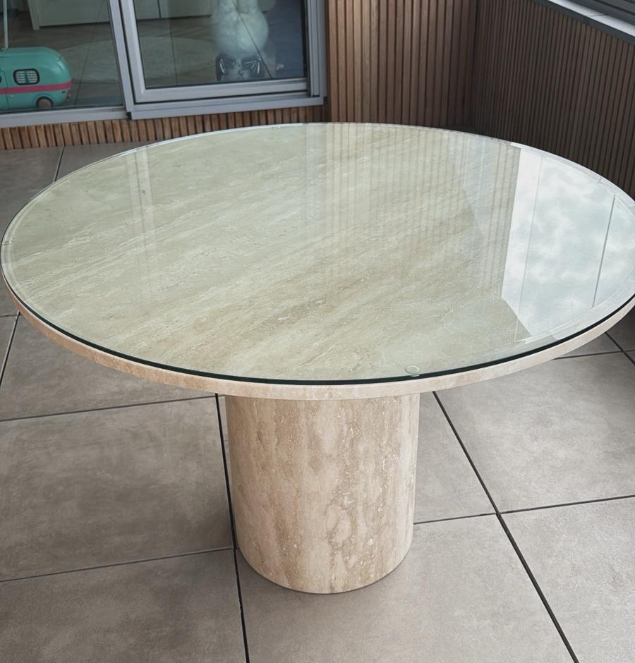 Prachtige ronde travertin eettafel incl glasplaat 110x76, Ophalen, Zo goed als nieuw, Rond, 100 tot 150 cm