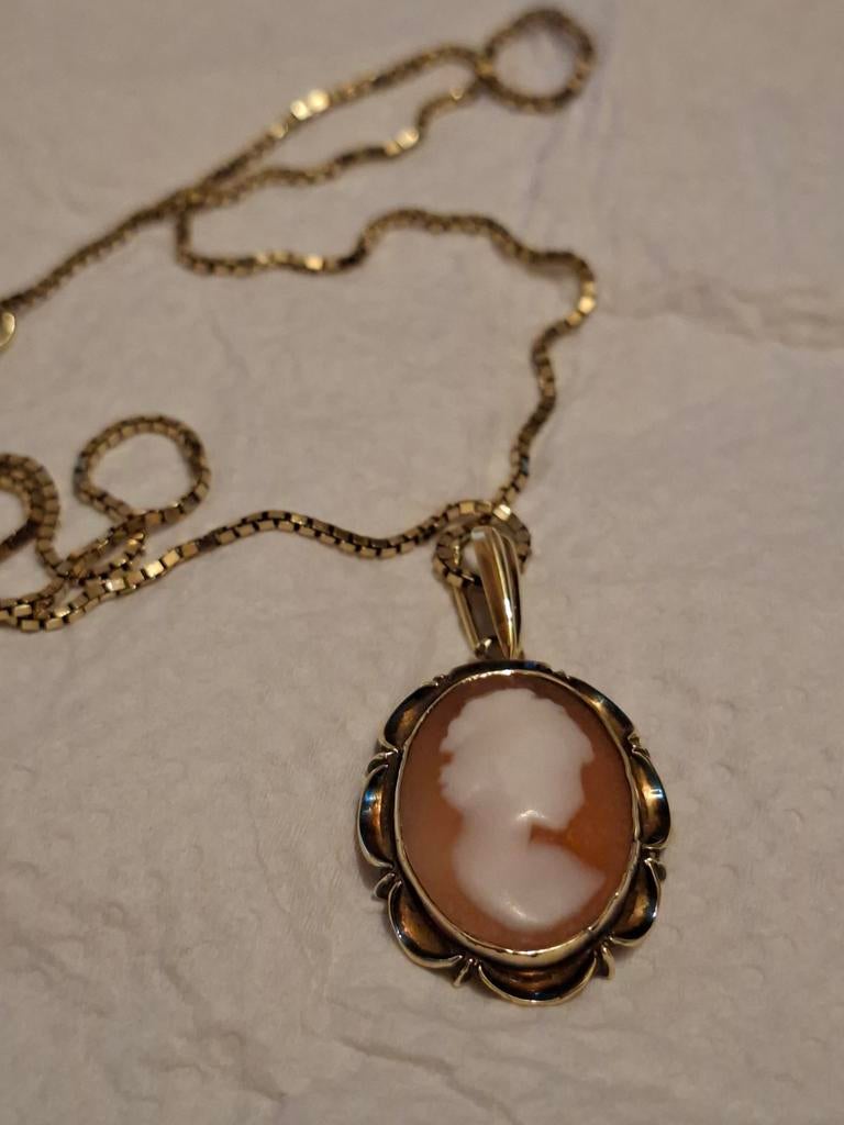 Gouden camee en ketting zie keur 14 karaats, Verzenden, Goud