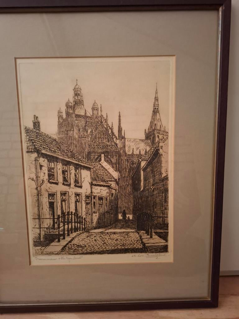 Originele Ets Cor van Woerd - Zicht op Sint Jan Den Bosch, Ophalen, Ets, Stadsgezicht, Origineel