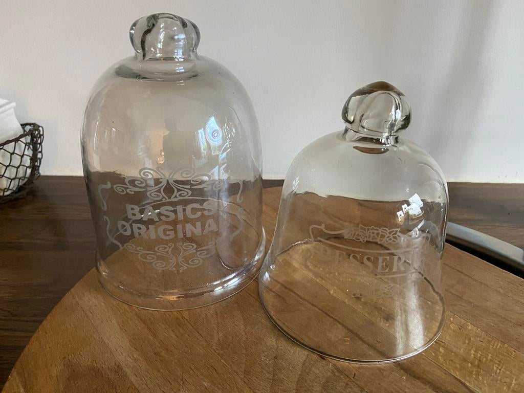 Glazen stolpen met opdruk/ Riviera Maison stijl, Ophalen of Verzenden