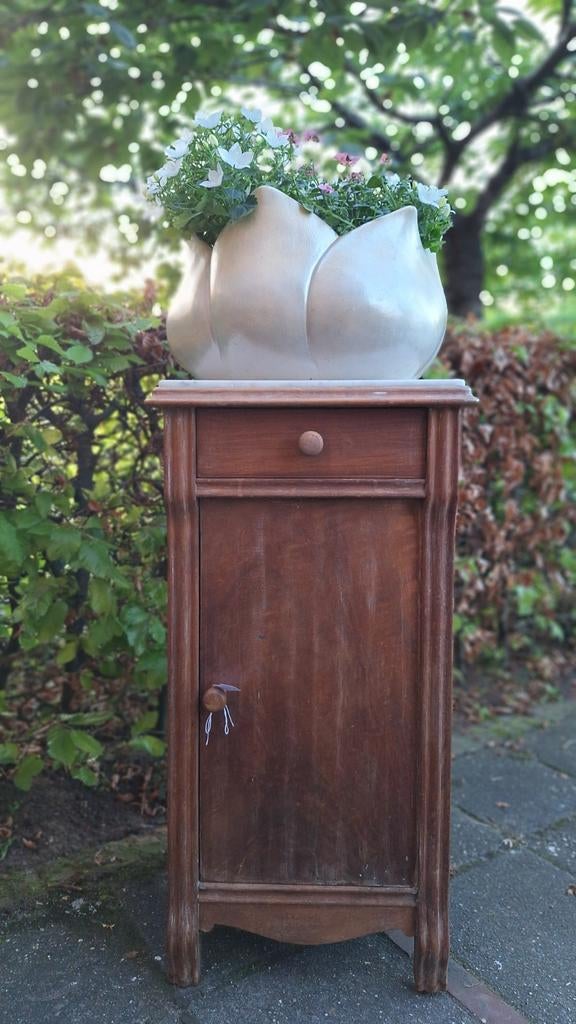 Antiek brocante nachtkastje, hout en marmer blad, met lade, Antiek en Kunst, Antiek | Meubels | Kasten, Ophalen