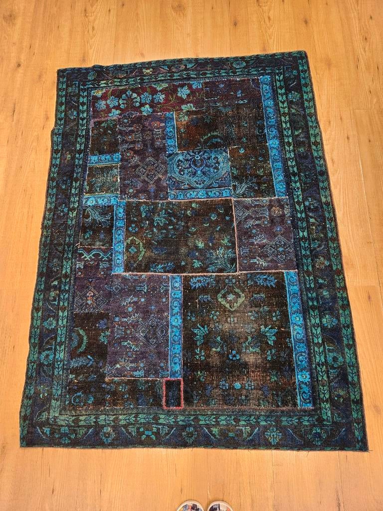 Vintage handgeknoopt perzisch patchwork 145x105, Info@SlatsAntiek.nl, Tweedehands, Groen, Ophalen of Verzenden