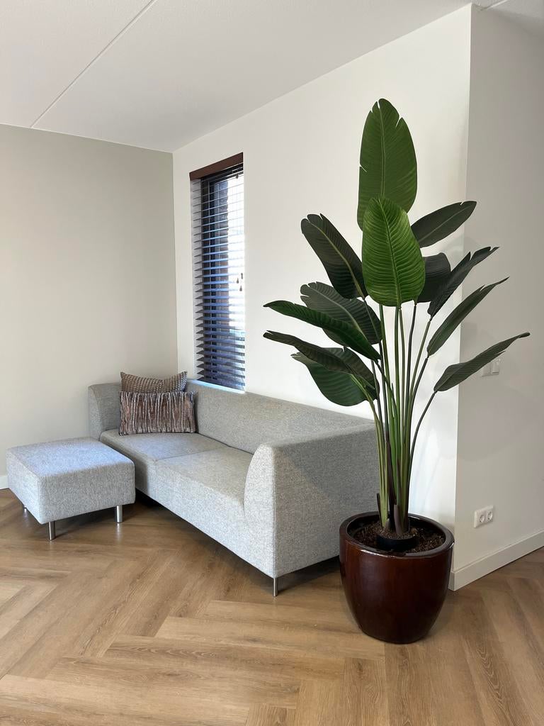 Moderne grijze bank met hocker, Ophalen, 100 tot 125 cm, Hoekbank, Driepersoons