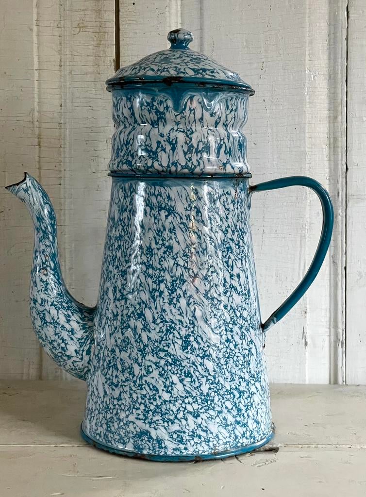 Emaille oude Franse koffiepot wit met blauw gevlekt, Ophalen of Verzenden