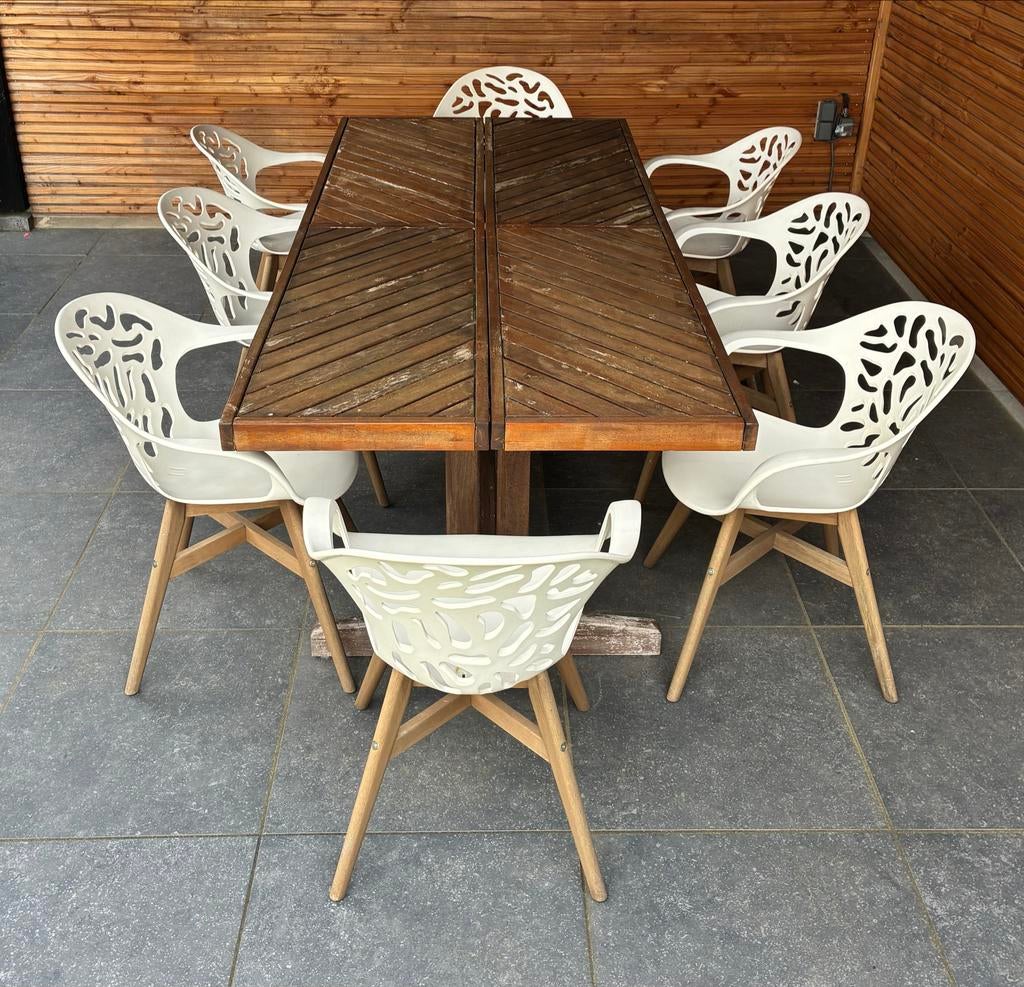 Tuinset 8 - IKEA NORRMANSÖ tafel + 8 design stoelen, Tuin en Terras, Tuintafels, Ophalen of Verzenden, Gebruikt, Rechthoekig, Hout