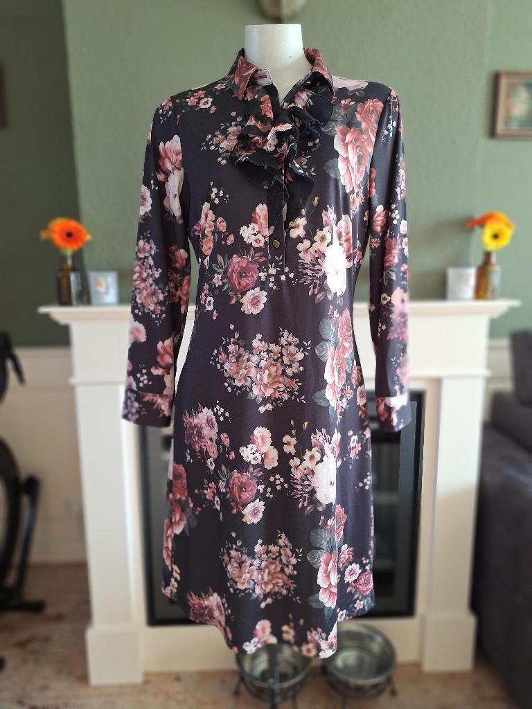 K-Design k design zwart roze bloemen jurk S 36, K-design, Verzenden, Zwart, Zo goed als nieuw