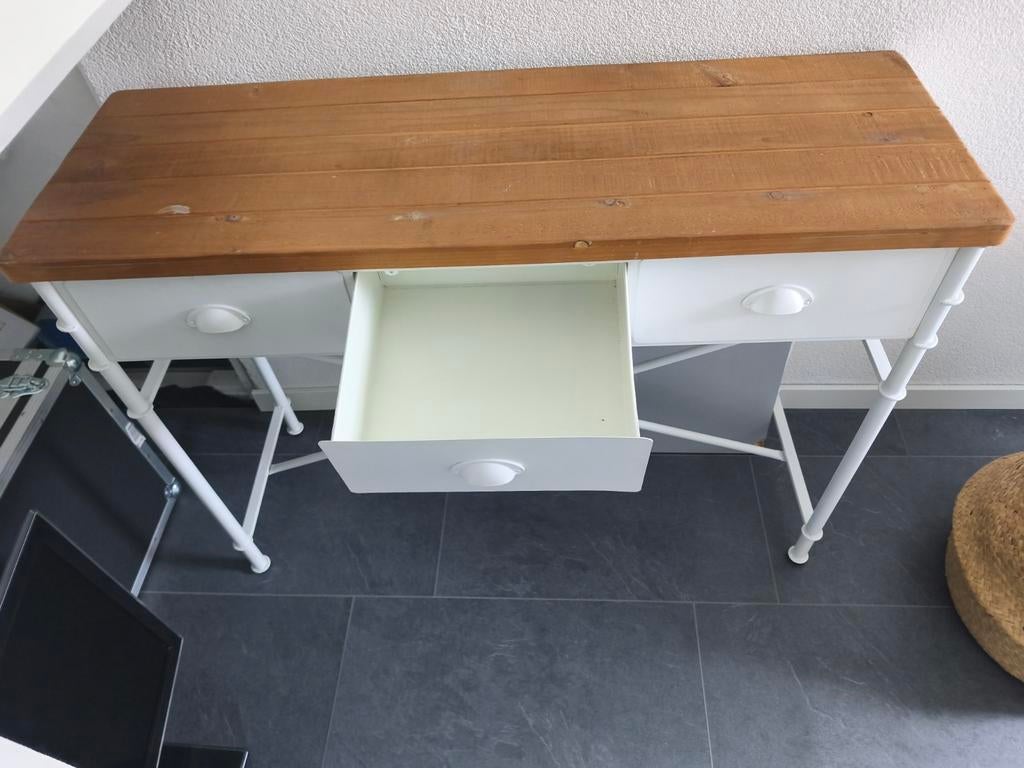 Sidetable wit staal met houten blad, Ophalen, 100 tot 150 cm, Zo goed als nieuw, Metaal