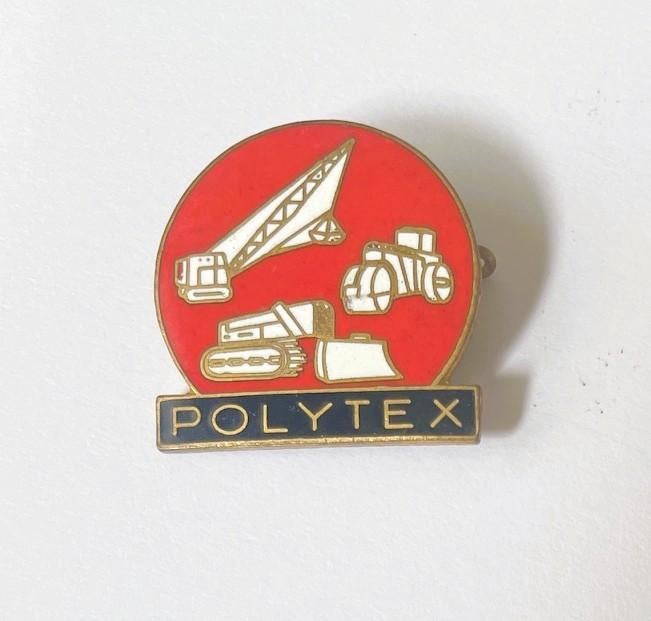 POLYTEX - wegenbouwmachines - oude emaille speld, Verzamelen, Verzenden, Gebruikt, Transport, Speldje of Pin