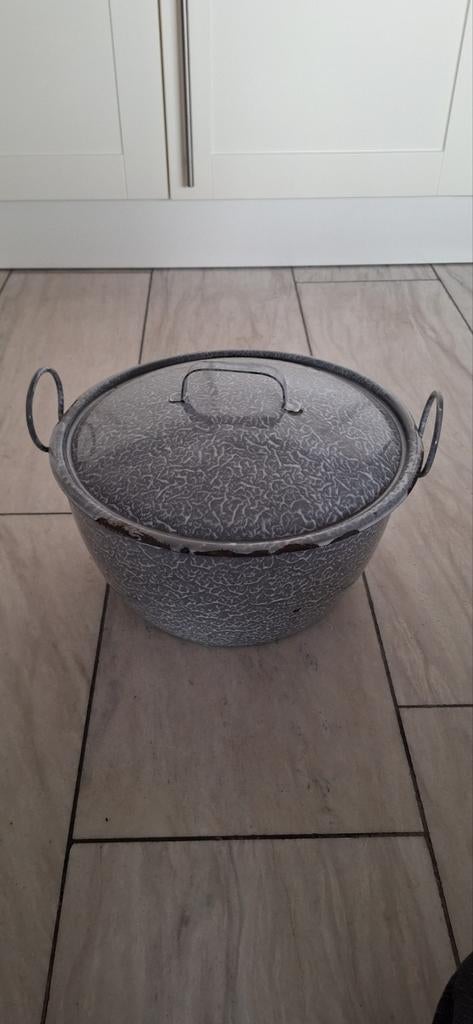 Vintage grijs gewolkte emaille pot met deksel en handvatten, Ophalen of Verzenden