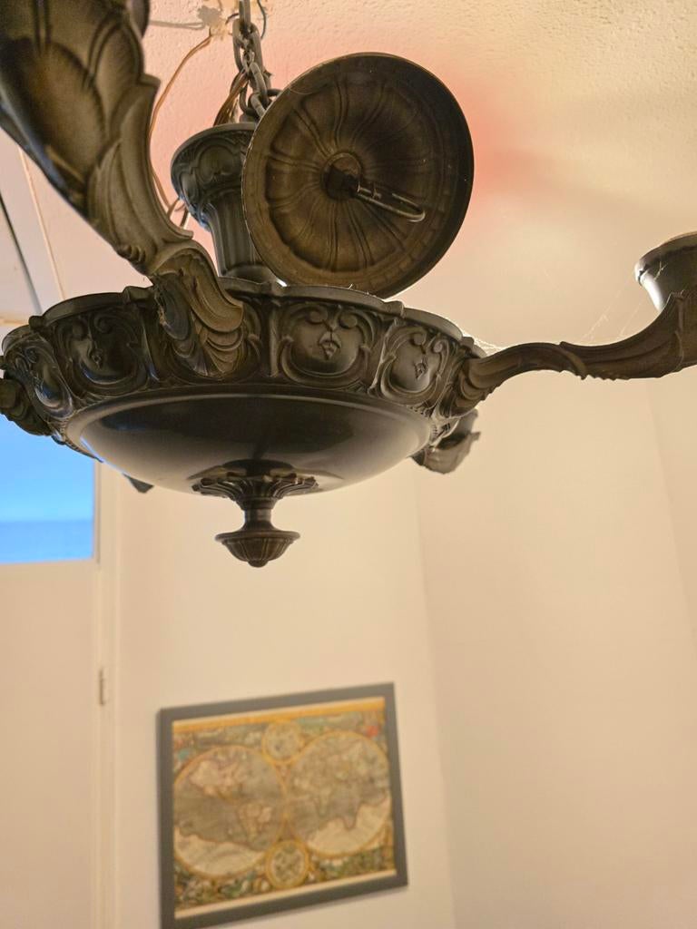 Antieke koperen jugendstil luchter met 5 armen, Antiek en Kunst, Ophalen of Verzenden