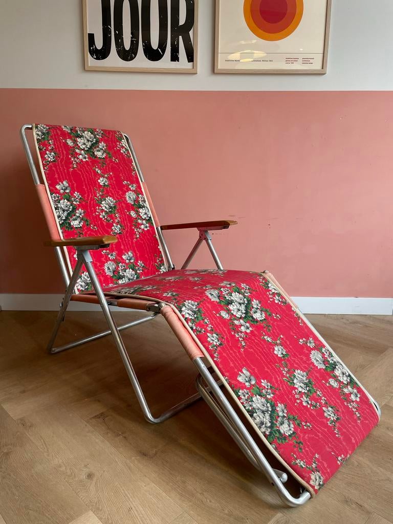 Vintage ligbed / strandstoel met bloemen motief, Huis en Inrichting, Fauteuils, Minder dan 50 cm, Gebruikt, Ophalen of Verzenden