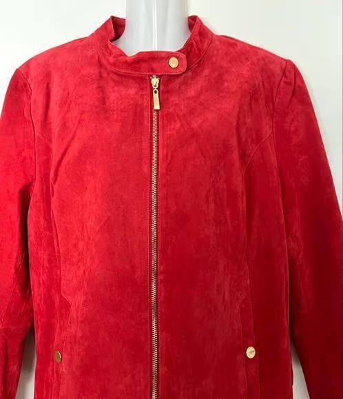 Rood suède jasje maat 44[dmv], Kleding | Dames, Jasjes, Kostuums en Pakken, Maat 42/44 (L), Ophalen of Verzenden, Zo goed als nieuw